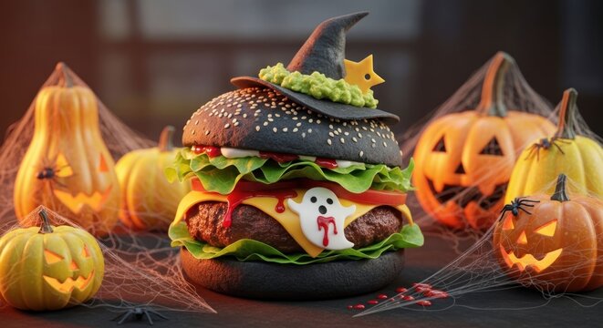 Halloween burger with a witch hat, surrounded by pumpkins and webs