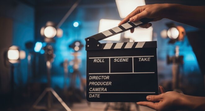 Hand holding a film clapperboard on set with studio lighting