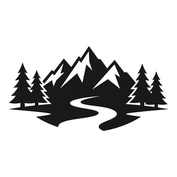 Black silhouette of mountain landscape with trees and river  scenic natural environment icon