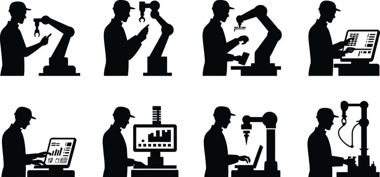 Industrial worker and robotic arm silhouette illustration showing human machine collaboration, automation technology, computer monitoring, and modern manufacturing process