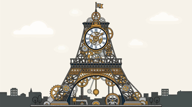 Flat Vector Illustration of Eiffel Tower Reimagined as Giant Mechanical Clockwork with Gears and Pendulum, Steampunk Style Paris Landmark with City Skyline and Clouds Background, Cream and Gold Color