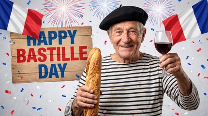 Elderly man wearing a black beret and striped shirt holding a baguette and a glass of red wine with french flags and fireworks in the background for bastille day celebration