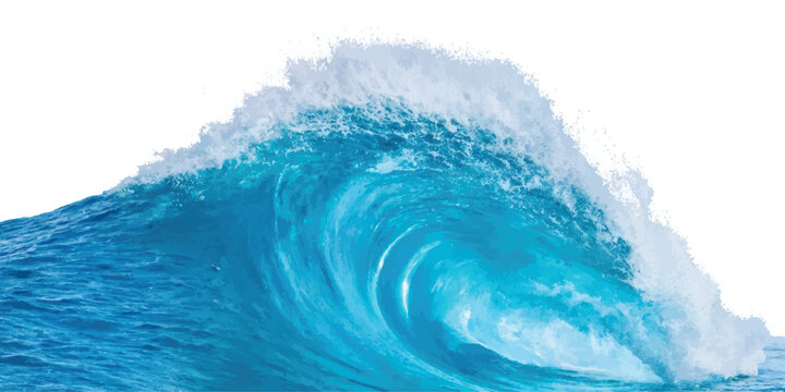 Powerful blue ocean wave breaking isolated on white background with breaking powerful swelling tropical transparent barreling isolated vacation