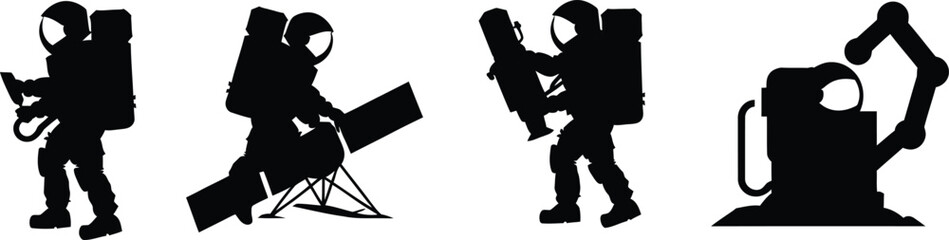 Silhouette illustration of astronauts in space suits working with equipment, holding devices, carrying instruments, and robotic arm collaboration vector © anisur-creatives