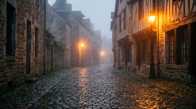 Empty narrow cobblestone street in old european town illuminated by vintage street lamps fog.