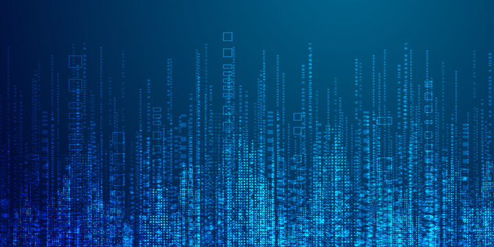 Digital data stream background with glowing blue binary code squares in urban skyline style formation.