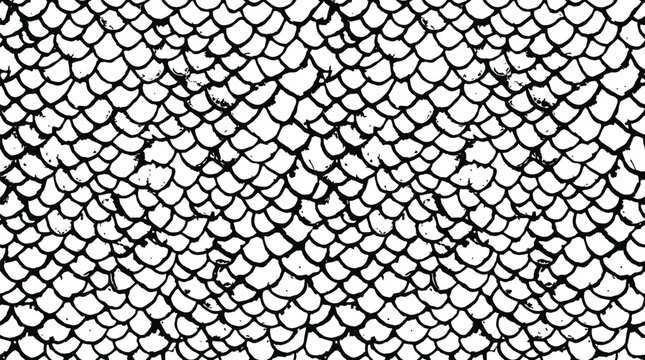 Hand drawn fish scale pattern with black ink outline texture on grey grid background illustration.