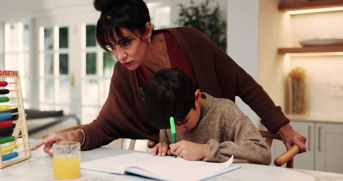 Mother, son and writing in house with homework, discussion and learning math for child development. Woman, talk and kid in home with school task notes, abacus and parent assistance for education.