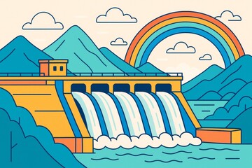 Naklejka premium Colorful illustration of hydroelectric dam with flowing water, rainbow, and mountains in bright light background representing clean energy concept. Ai generative