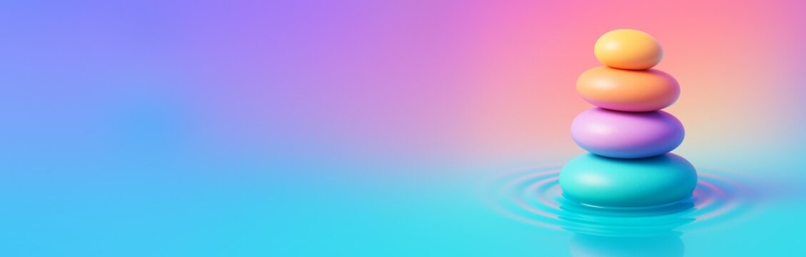Colorful smooth stones stacked in water on a vibrant gradient background with copyspace for design or banner template concept. Ai generative