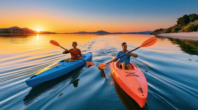 Couple kayaking at sunset on a calm lake, paddling together in bright colorful kayaks