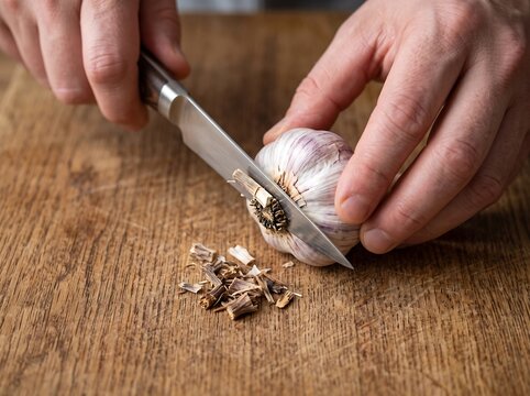 A chef's hand trimming the root end of a whole garlic bulb