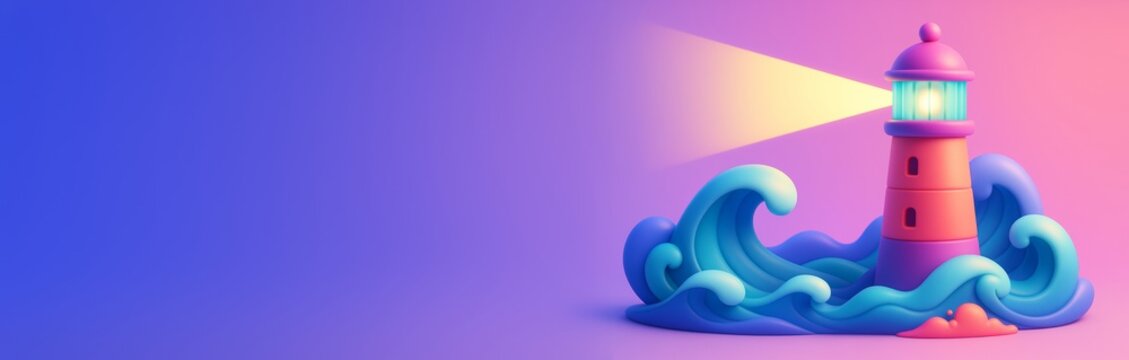 Vibrant pink and blue lighthouse with glowing beam surrounded by waves on gradient background with copyspace for design or promotion concept. Ai generative