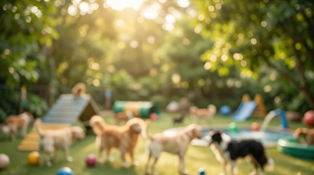 blurred dog park daycare playground sunny pet resort agility training golden retriever border collie puppy play area outdoor garden abstract background