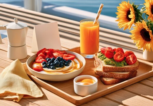 Summer morning breakfast tray with avocado toast, yogurt bowl, fresh berries and orange juice outdoors