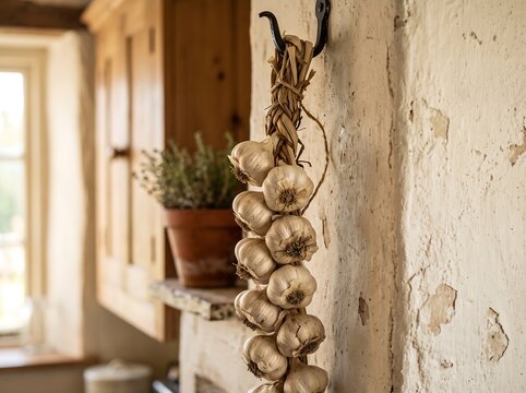 A traditional hand-braided string of dried garlic bulbs