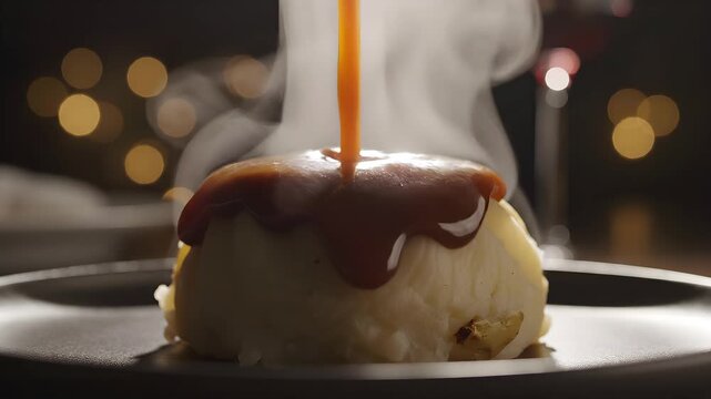 Slow motion pour of rich thick brown gravy over hot fluffy mashed potatoes 