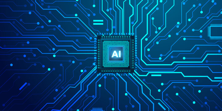 Artificial intelligence chip on blue circuit board background featuring neural network processing and machine learning technology.