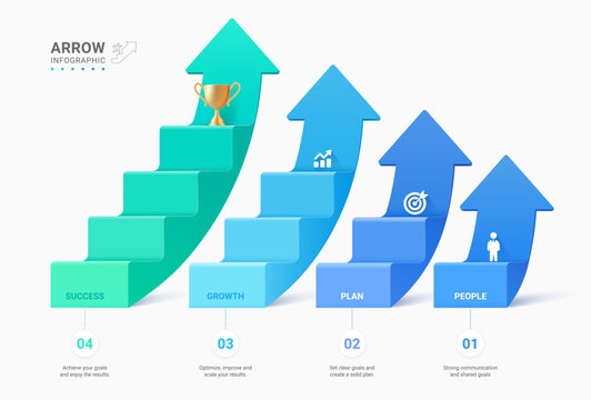 Business Growth Arrow Stair Steps Infographic Template, Success Strategy Workflow, Progress Timeline, Modern Vector Diagram Background