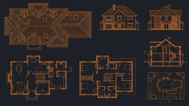 Detailed Roof Plans Architecture CAD Blueprint House Floor Plans Left Side Top View Vector Set Technical Drawing Outline