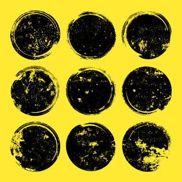 Various grunge circles with stains and scratches. Circle brush stroke, round shape design element. Distressed dirty text frame, border, sticker or label. Paintbrush, ink stains. Vector illustration