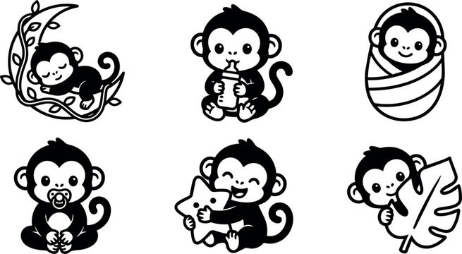 Black and white cute baby monkeys sleeping feeding and playing with leaf and star