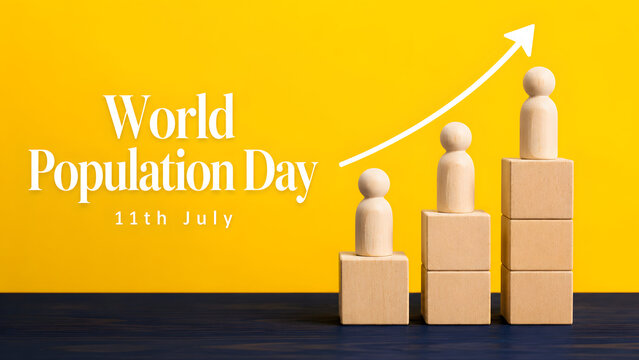 A conceptual image for World Population Day on July 11th, featuring wooden peg dolls on stacked blocks with an upward-trending arrow against a yellow background.