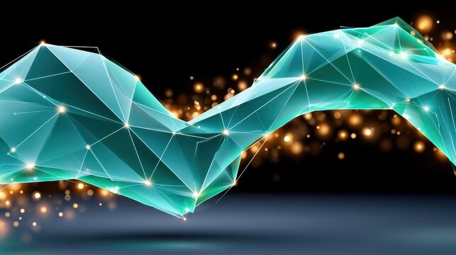 Glowing teal geometric low-poly network mesh dissolving into particles with futuristic digital connections