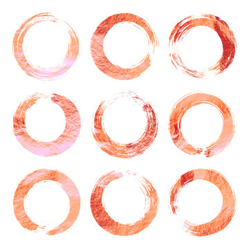 Rose gold grunge circles, brush strokes, lines, ink smudges, handdrawn scribble shapes. Handmade sketchy marks, acrylic stains, charcoal streaks. Paint textures, dry brush effect. Vector illustration.