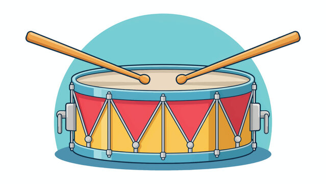 Colorful cartoon snare drum with drumsticks on top in front of a blue circle