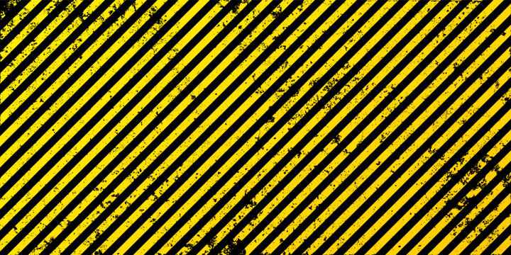 Warning sign with yellow and black diagonal lines. Attention, danger or caution symbol. Construction site signage, road safety notice, hazard banner, security alert shield. Vector illustration