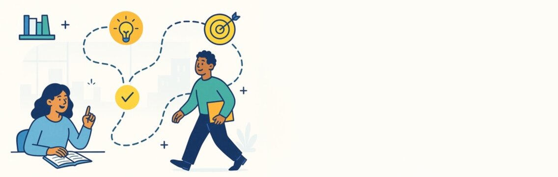 Educational concept illustration featuring student and mentor interaction with icons on light background and ample copyspace for promotion. Ai generative