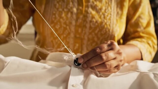 Asian Woman Sewing White Shirt Buttons Closeup Focus On Hands Threading Needle And Attaching Buttons To Cotton Shirt, Warm Sunlight Through Window, Wicker Basket With Colorful Spools Beside Vintage
