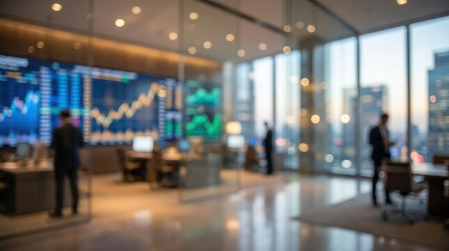 blurred office trading floor stock market charts financial corporate business background interior modern workspace technology banking investment