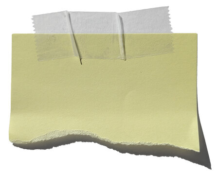 Papier post-it jaune clair d&eacute;chir&eacute; avec scotch adh&eacute;sif sur fond transparent