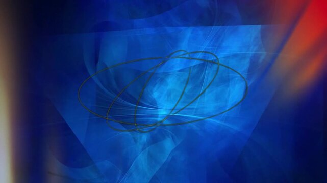 Abstract rotating atomic structure animation on blue digital background