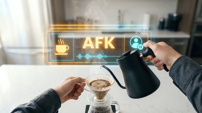 Automated Boundary: POV Brewing Drip Coffee with AR 'AFK' Team Broadcast Status Mockup