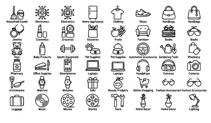 Obraz premium Marketplace Category Icon Pack with Shopping Electronics Household Goods and Retail Outline Symbols