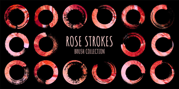 Rose gold grunge circles, brush strokes, lines, ink smudges, handdrawn scribble shapes. Handmade sketchy marks, acrylic stains, charcoal streaks. Paint textures, dry brush effect. Vector illustration.