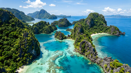 Fototapeta premium Tropical island with turquoise lagoon and lush greenery