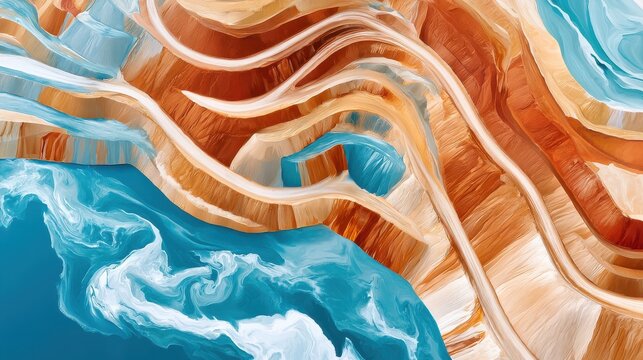 Aerial view of concentric open pit mine terraces with turquoise water and layered rock patterns