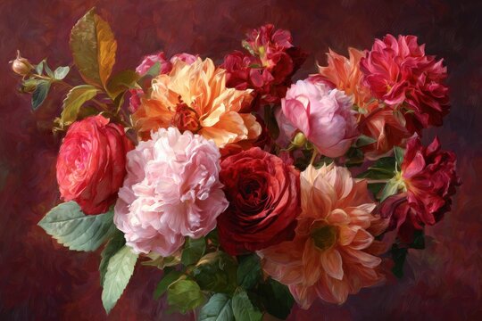 Still life bouquet of dahlias and roses on a dark rich background with botanical arrangement artistic background luxurious romantic colorful celebration photography decorative composition