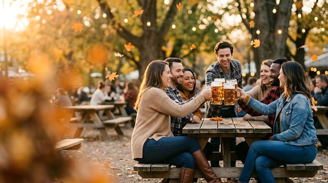 Friends toasting with beer mugs at an outdoor autumn brewery garden