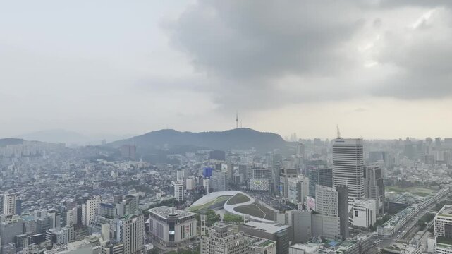 Aerial Drone View of Jongno Cityscape near Dongmyo Station and DDP Dongdaemun Design Plaza in Seoul, South Korea