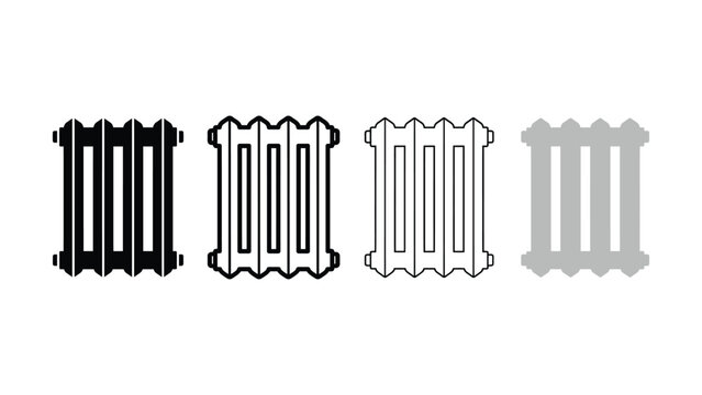 Four different colored radiator icons in a row on white background