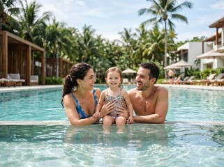 Fototapeta premium Smiling parents hold their little daughter while sitting in a resort swimming pool, tropical palm trees and poolside lounge beds behind them, sunny vacation mood