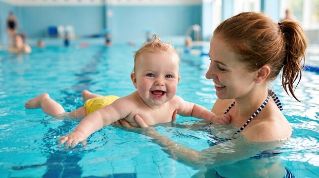 Smiling mother supports a laughing baby in a swimming pool during a lesson; infant wears yellow swim diaper, both in water at an indoor pool facility