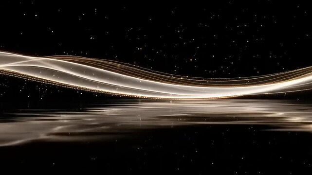 Abstract glowing golden energy waves reflecting over a dark liquid surface with scattered particles