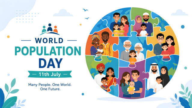 A vibrant illustration for World Population Day on July 11th, featuring a globe made of puzzle pieces with diverse families, symbolizing unity and a shared future.