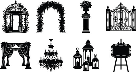 Wedding decor and garden architecture silhouettes set for ceremony event decoration floral arch and gazebo concept © MstEsmotara